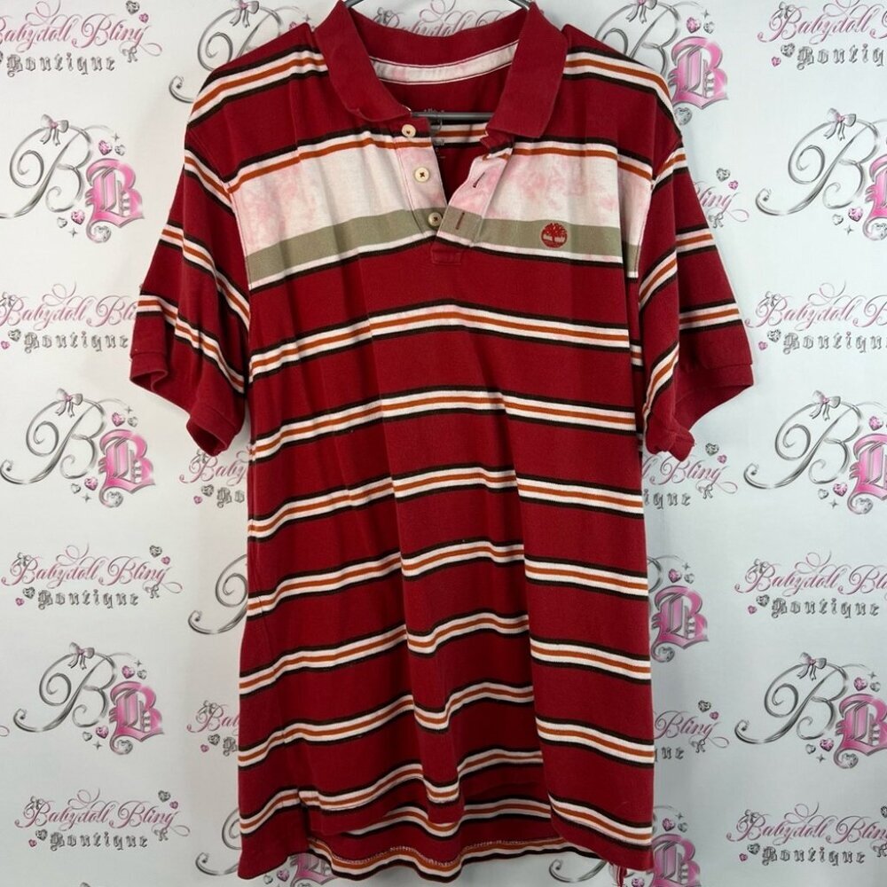 Timberland polo button up tie dye orange Red brown White Striped Polo Shirt